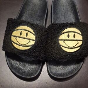 Black Slides with Smiley Face Patch